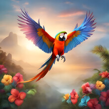 Beautiful Macaw Parrot Flying In The Sky With Flowers. 