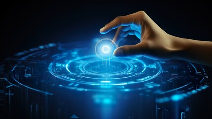 Hand touch digital hud interface futuristic technology background of virtual computer screen display ui future concept or cyber communication hologram, generative AI