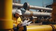 © sawitreelyaon - Technician in a hard hat working to checklist petroleum gas pipes for transportation in station petroleum oil.