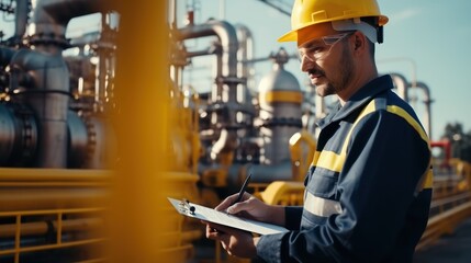 Wall Mural - Technician in a hard hat working to checklist petroleum gas pipes for transportation in station petroleum oil. 