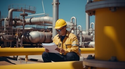 Wall Mural - Technician in a hard hat working to checklist petroleum gas pipes for transportation in station petroleum oil. 