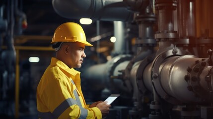 Wall Mural - Technician in a hard hat working to checklist petroleum gas pipes for transportation in station petroleum oil. 