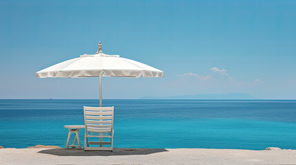 Wall Mural - Pair of sun loungers and beach umbrella on a deserted beach; perfect vacation concept