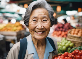 Wall Mural - Elderly asian lady at the food market