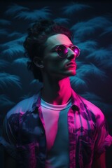 Portrait of a young man in sci-fi futuristic style retrowave, vaporwave, techno, cyberpunk, retro style with colorful neon and pink lights, clubbing dancing concept