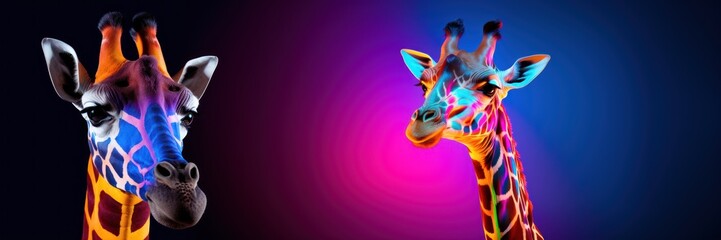 Two heads of fashionable giraffes in neon lighting. AI Generation 