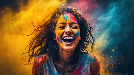 Beautiful happy Indian woman celebrates Holi with colored powder or gulal. indian festival holi