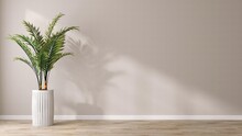 Tropical Green Palm Tree In Tall White Pot In Sunlight, Shadow On Blank Beige Wall, Laminated Parquet Floor. Luxury Interior Design Decoration, Fashion, Beauty, Product Display Background 3D