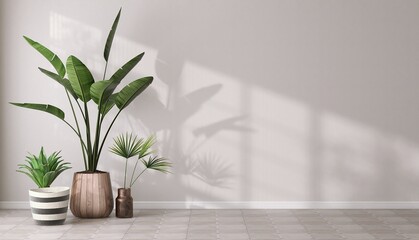 Group of various tropical plants, banana tree in pots in sunlight, shadow on blank white wall and gray tile floor. Luxury interior design decoration, fashion, beauty, product display background 3D