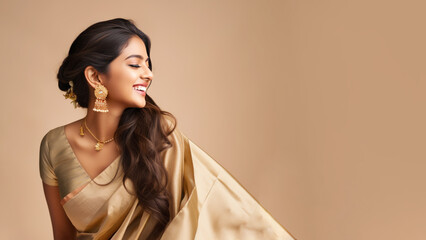 Indian woman in golden sari traditional cloth smile, diwali celebration