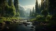 magical forest and rivers, digital art illustration, Generative AI