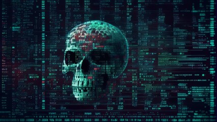 Wall Mural - Computer code on a screen with a skull representing a computer virus & malware attack