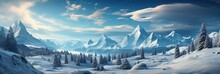 panorama landscape with winter forest, mountains on frosty day