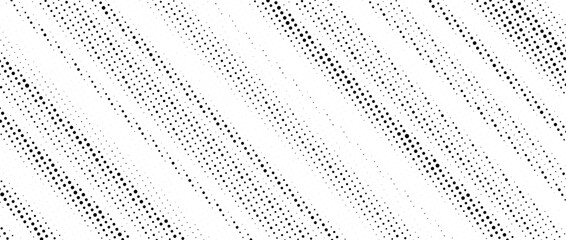 Wall Mural - Halftone diagonal striped texture. White and black dotted oblique faded gradient. Grunge noise slanted lines background. Abstract pop art and comic wallpaper. Vector pixelated backdrop 