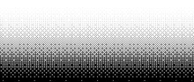 Pixelated Bitmap Gradient Texture. Black And White Dither Pattern Background. Abstract Glitchy Pattern. 8 Bit Video Game Screen Wallpaper. Retro Pixel Art Illustration. Vector Wide Border