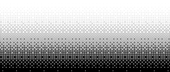 Wall Mural - Pixelated bitmap gradient texture. Black and white dither pattern background. Abstract glitchy pattern. 8 bit video game screen wallpaper. Retro pixel art illustration. Vector wide border