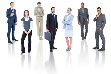 Sticker - Digital png photo of happy diverse male and female businessmen standing on transparent background