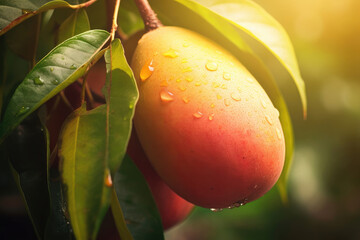 Ripe delicious mango growing on a tree