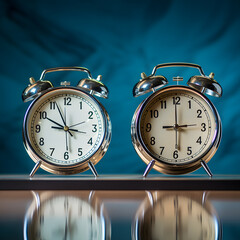 Retro alarm clock on wooden table in morning time, vintage tone