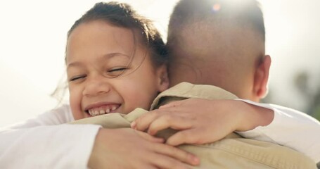 Poster - Happy, child and hug with dad outdoor with love, care and support from bonding in park. Young girl, father and family together with a smile of excited kid in summer on holiday in Miami with freedom