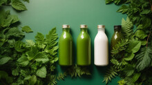 Top View, Mockup Of Detox Juice Bottles On A Natural Green Background With Plants, High Quality Image
