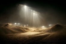 A White Glowing Gigantic Movie Screen In The Night In A Desert With Ruins Buried In The Sand Dramatic Lighting Chiaroscuro Cinematic Fog Moody Epic Future Concept Art Highly Detailed Beautiful 