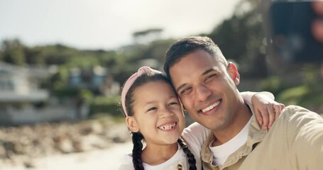 Poster - Happy, child selfie and hug with dad at beach with love, care and support from bonding in park. Young girl, father and family together with a smile of kid in summer on holiday in Miami at sea