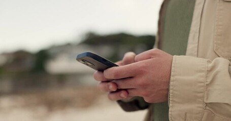 Aufkleber - Cellphone, hands and outdoor person typing, scroll and check email communication, blog or social media post. Search engine notification, smartphone service or closeup user reading mobile contact info