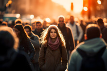 Young Woman Standing In Middle Of Crowd Of People Walking In Sunset Against Golden Light In Downtown District In City