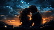 Romantic Silhouette Of A Couple Against A Twilight Sky, Surrounded By Stars And Glowing Clouds.