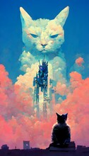 Cyberpunk Cat Sitting On A Throne Blue Sky 