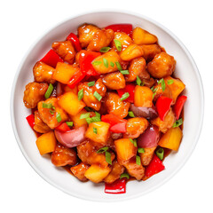 top view of chinese food Sweet and Sour Chicken  isolated on a white transparent background