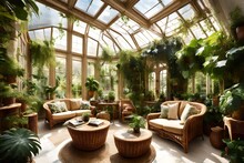 A Sun-drenched Conservatory Filled With Exotic Plants, Wicker Furniture, And Cascading Vines.