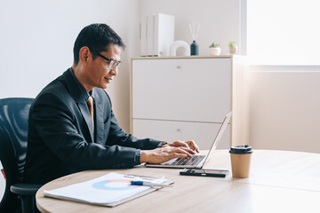 Positive mature businessman working on laptop in modern office. Smiling middle aged man working in a corporate.