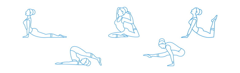 Poster - Woman Yoga Pose Line Icon for Body Stretching Exercises Vector Set