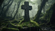Deep Inside A Dark And Misty Forest Are Old Forgotten And Overgrown Graves With Cross Shaped Headstones Covered In Green Moss, Weather Worn And Eroded, Mysteriously Isolated Graveyard Hidden Away. 