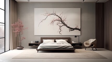 Poster - Minimalist bedroom in a villa with soft colors, generated by AI