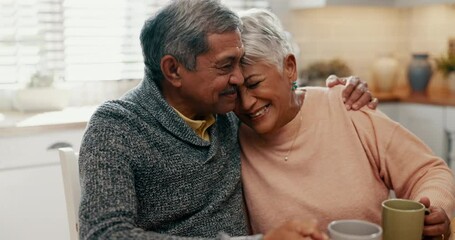 Sticker - Old couple, hug with coffee and chat in the kitchen, bonding at home with morning routine in retirement. People with love, care and commitment in marriage, conversation with tea and trust in partner