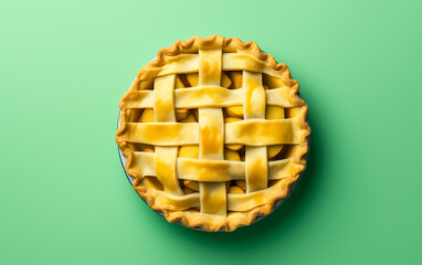 Wall Mural - Apple pie on solid green background. Top view