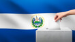 Woman puts ballot paper in voting box on EL SALVADOR flag background. Election concept.