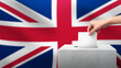 Woman puts ballot paper in voting box on United Kingdom flag background. Election concept.
