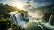 Beautiful waterfall in the sunset. Wild and impressive waterfall in the forest. The largest series of waterfalls in the world.