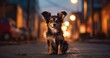 A small dog on a street with the lights on in the background