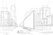3D illustration abstract urban building black and white out-line drawing of imagination architecture building construction perspective design.