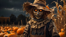 Halloween Scarecrow And Pumpkins In The Field Scary Scarecrow Figure With A Carved Pumpkin Head Stands Amidst A Field Of Vibrant Orange Pumpkins Happy Halloween
