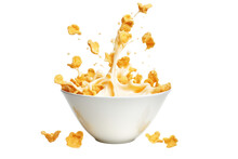 Corn flakes and milk dropping into a bowl on a white background studio shot