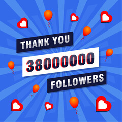 Thank you 38000000 or 38M followers. Congratulation card. Greeting social card thank you followers.