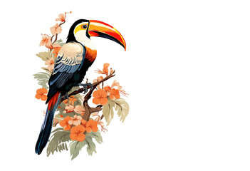 Wall Mural - Beautiful drawing of a toucan bird perched on a branch. Birds. Wildlife Animals. Illustration, Generative AI.