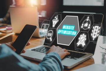 Wall Mural - website optimization concept, business woman working on laptop computer with website optimization ic
