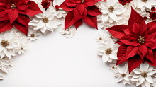 Christmas Decoration. Frame Of Flowers Of Red Poinsettia On A White Background With Copy Space